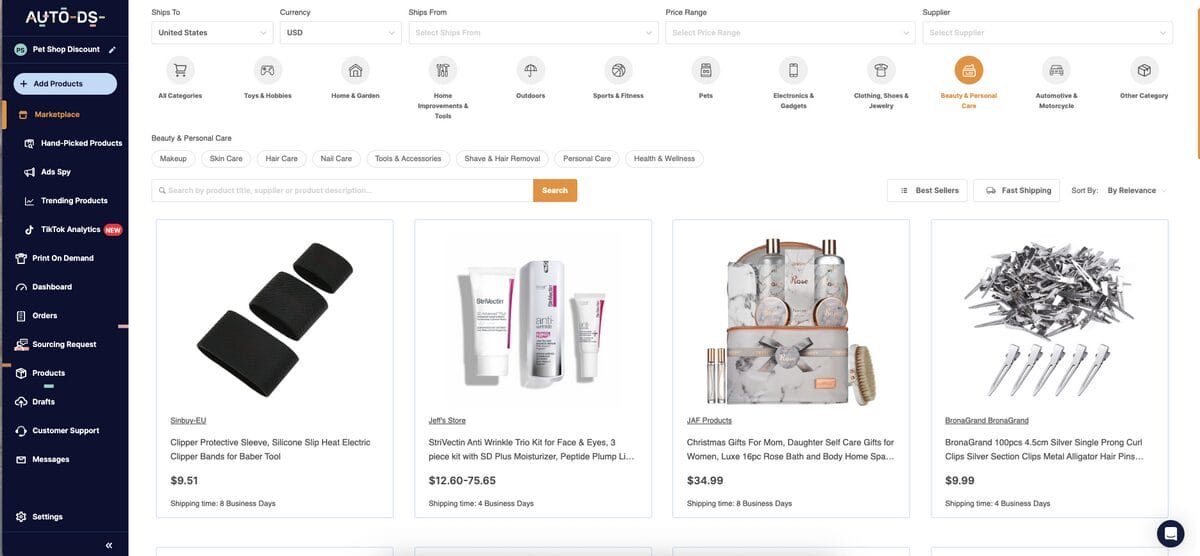 AutoDS Marketplace to find and source dropshipping beauty products