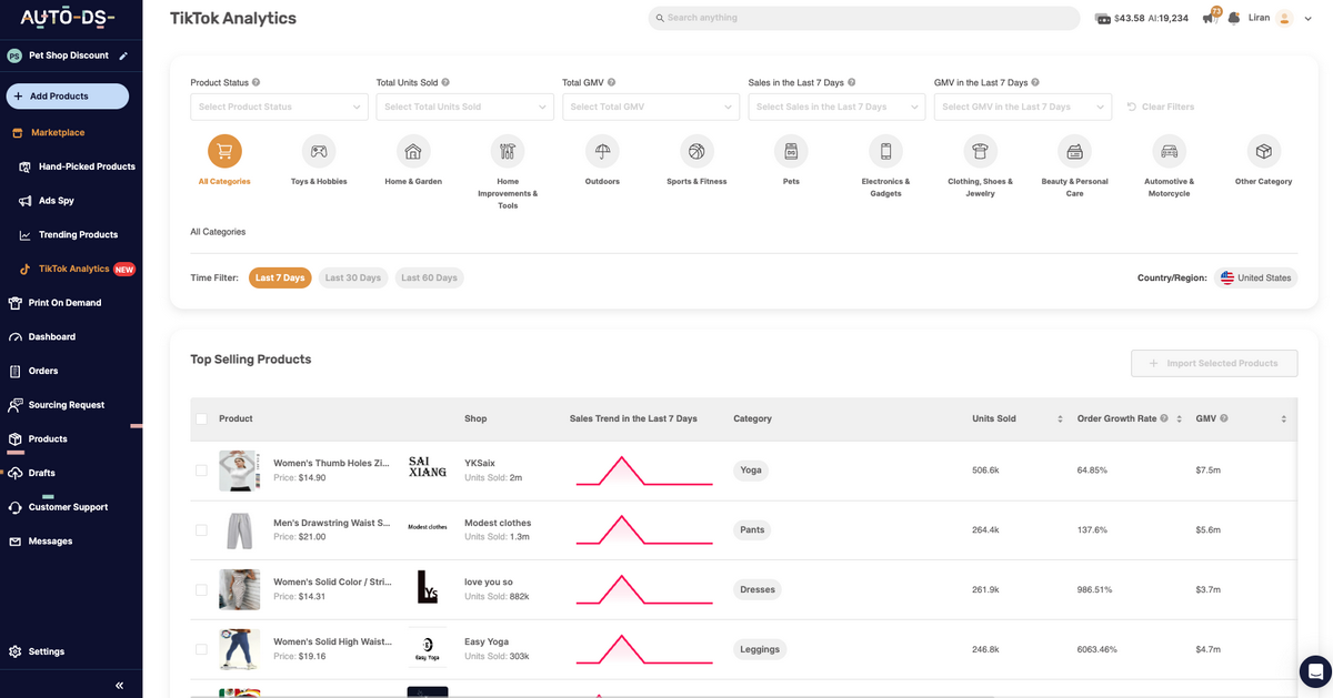 AutoDS's TikTok analytics for TikTok Marketing dropshipping