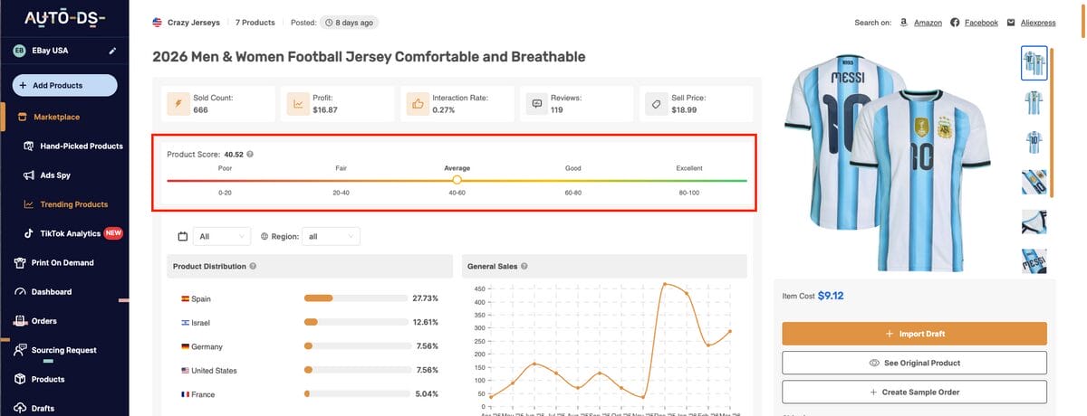 AutoDS's Trending Products data to find trending items on eBay