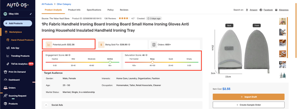 AutoDS's Hand-picked products data to find trending items on eBay