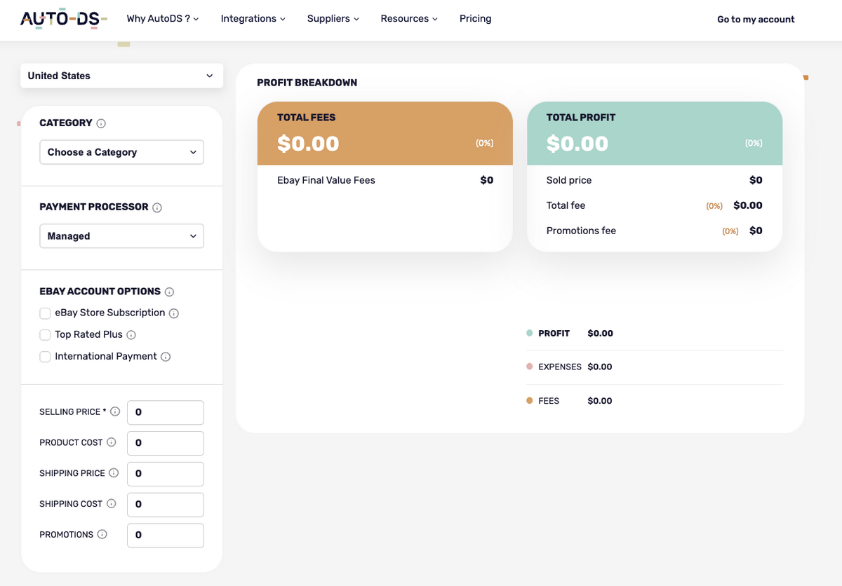 AutoDS's eBay fees calculator to find trending items on eBay