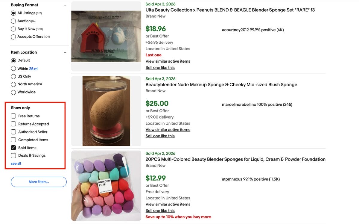 eBay's Sold Items filter to find best selling products