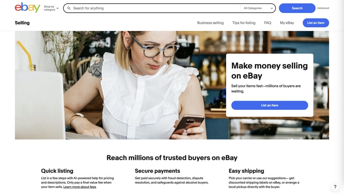 eBay's seller page for dropshipping