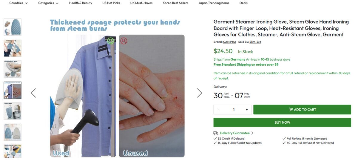 Handheld ironing board website seller page