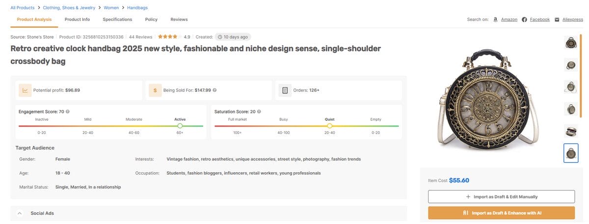 Retro clock handbag crossbody AutoDS top dropshipping products