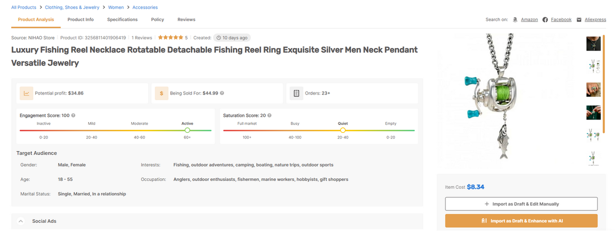 AutoDS luxury fishing reel necklace product dropshipping page