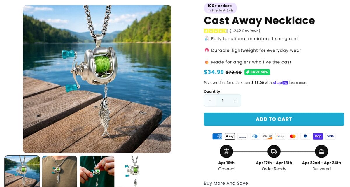 Product page of luxury reel necklace fishing dropshipping