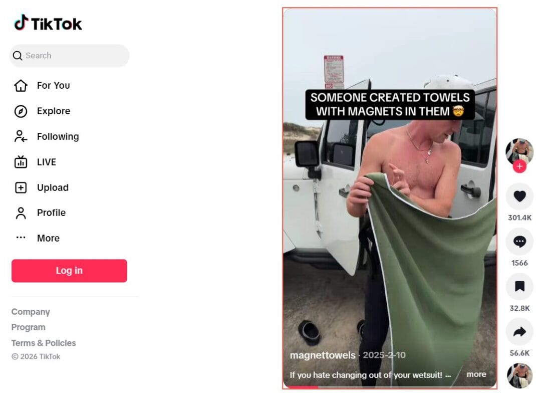 Magnetic quick dry beach towel ad on TikTok