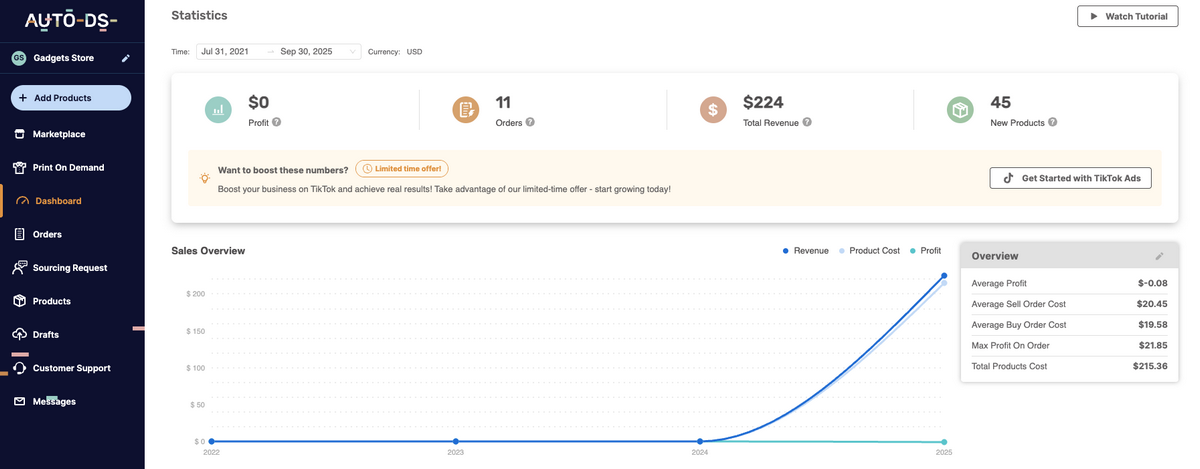 AutoDS’s Dashboard for dropshipping stores