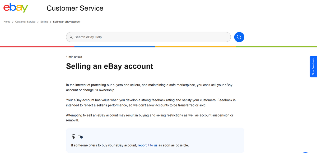 ebay policies for selling ebay accounts