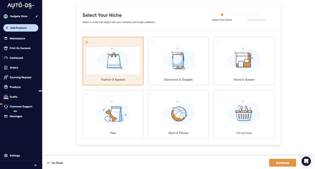 AutoDS AI Shopify Store Builder's niche selection