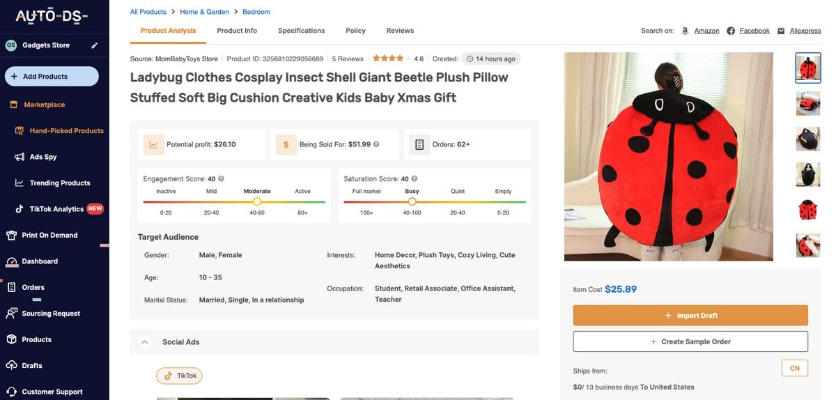 AutoDS's product research tools for automated Shopify store setup