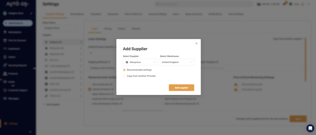 Dropship vendor settings inside AutoDS