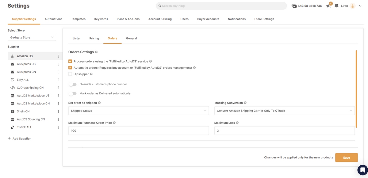 AutoDS Fulfillment Automation settings for dropship vendors