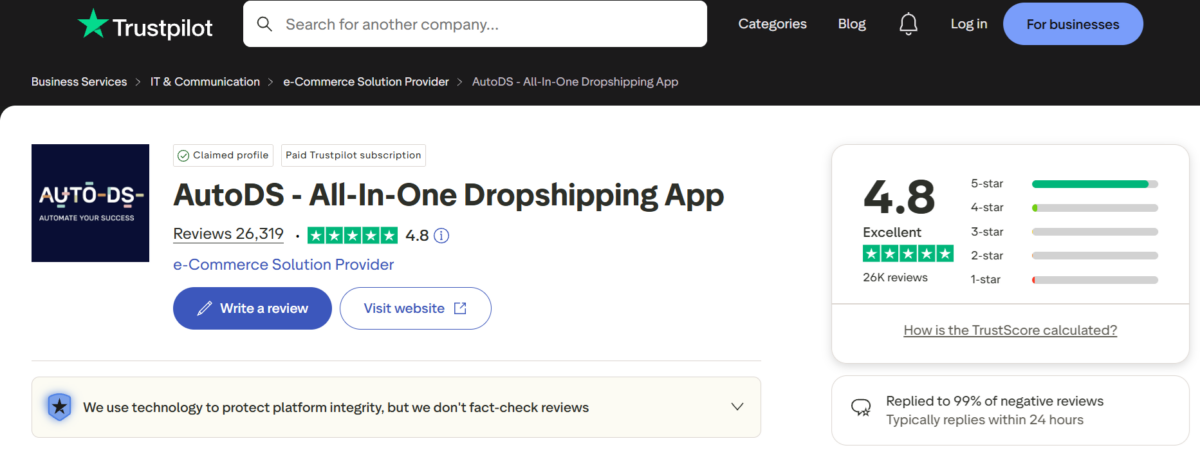 AutoDS Trustpilot review score page