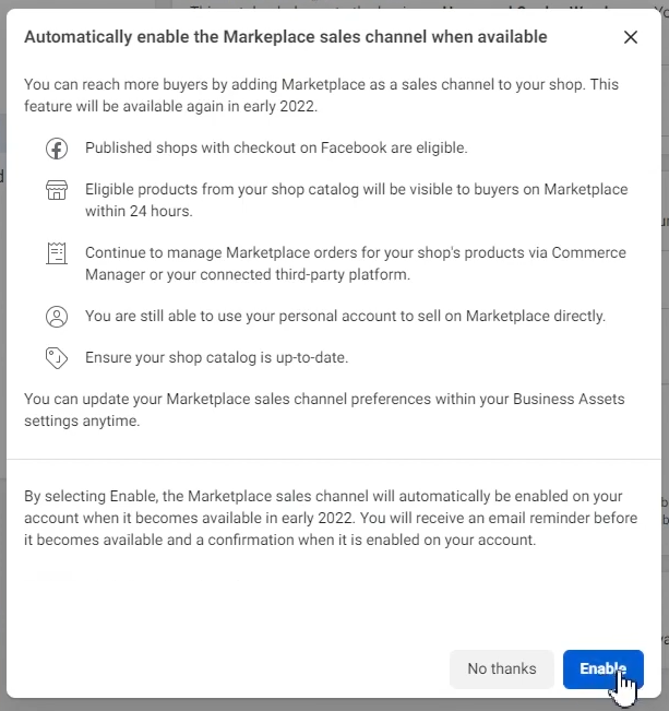Enable Marketplace as a sales channel to post on Facebook Marketplace as a business