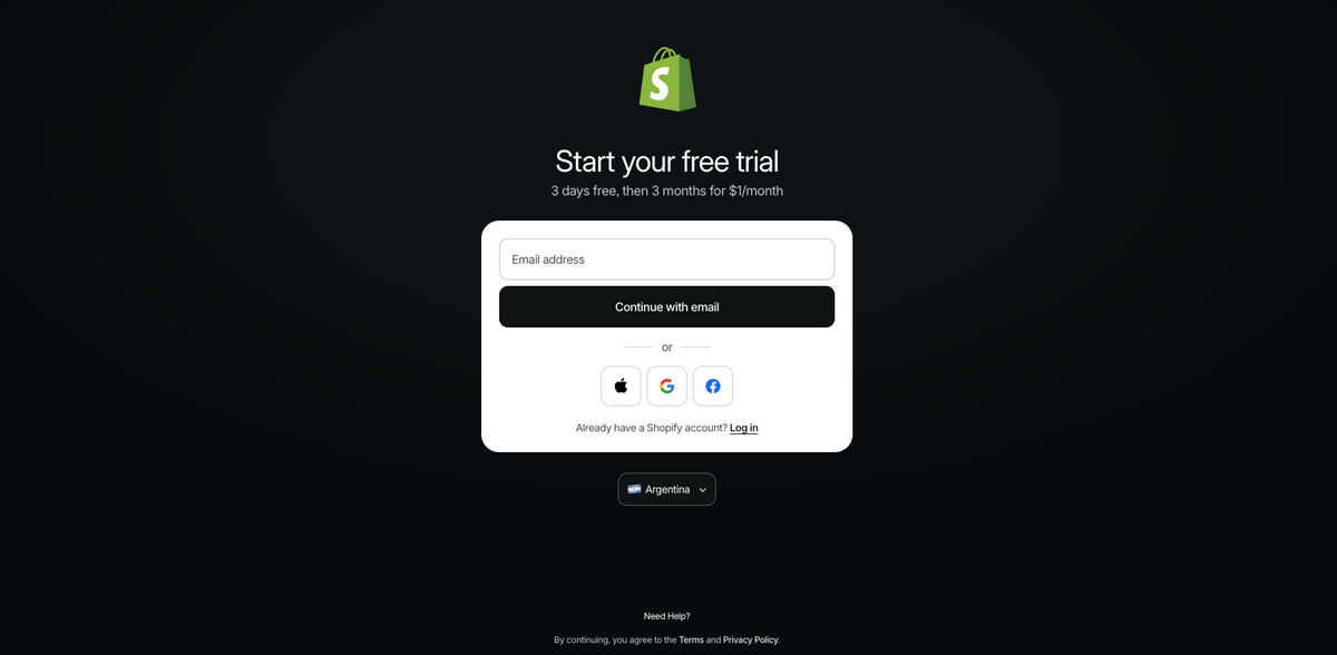 Create a Shopify account to build a Shopify store
