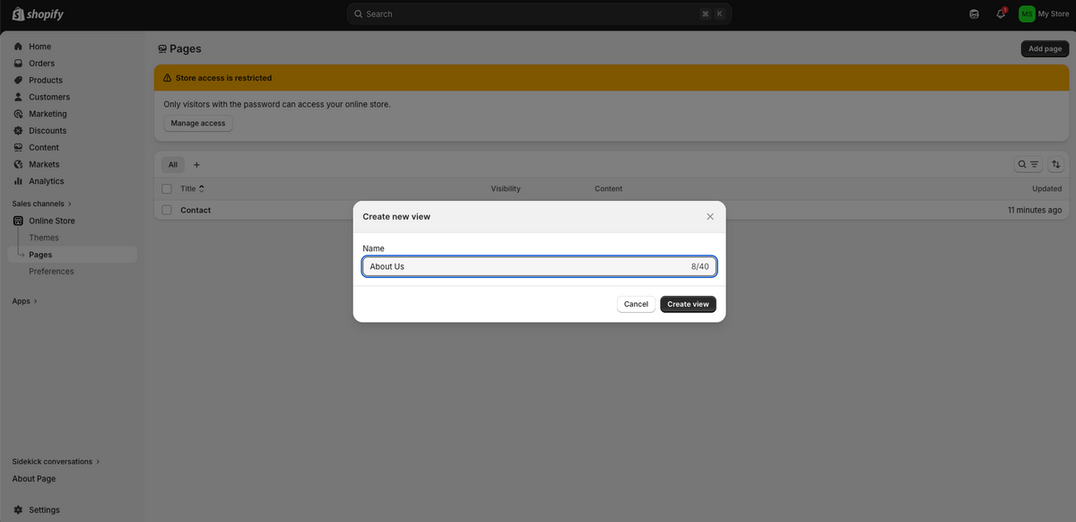 Create About Page to build a Shopify store