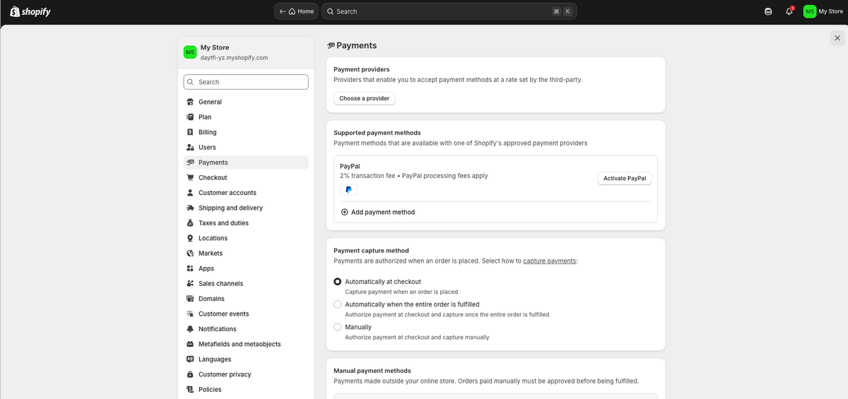 Set up payments to build a Shopify store