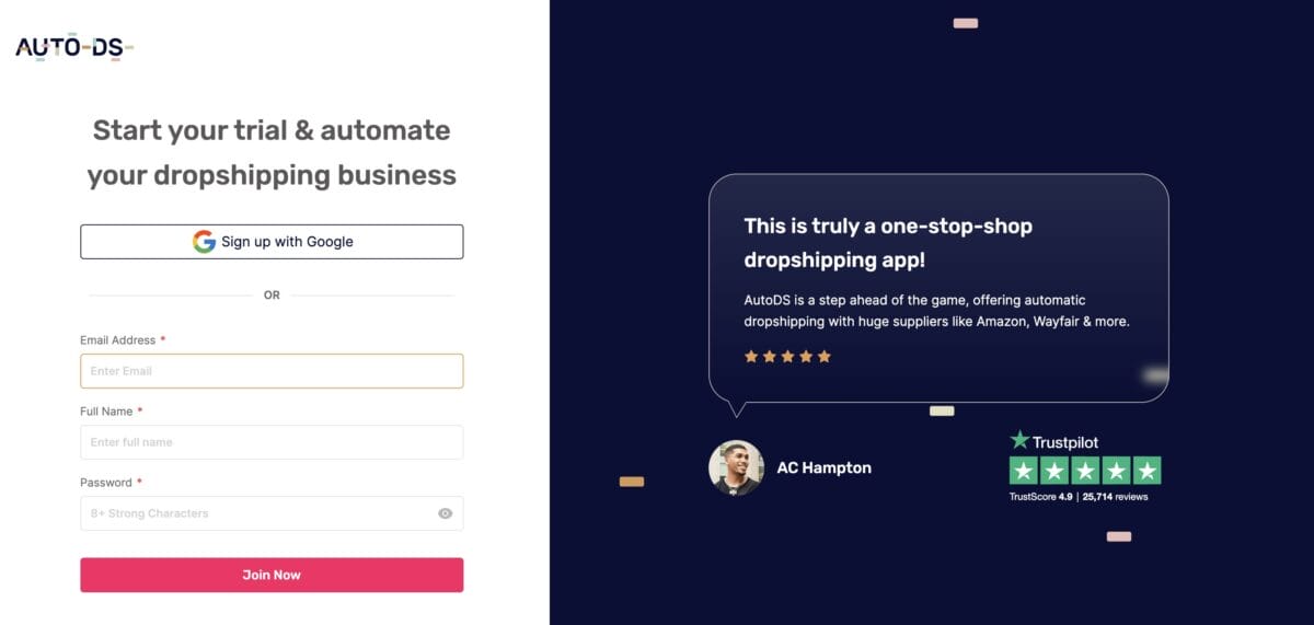 Register to AutoDS to start dropshipping on Etsy
