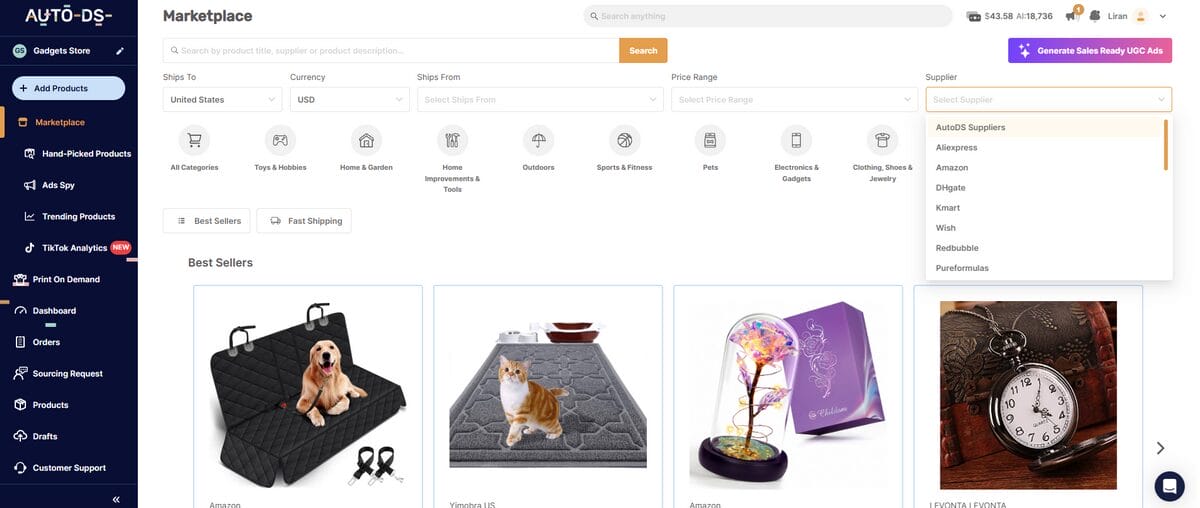 AutoDS marketplace feature dropshipping