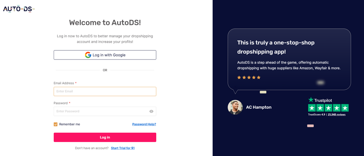 AutoDS account creation and signing up