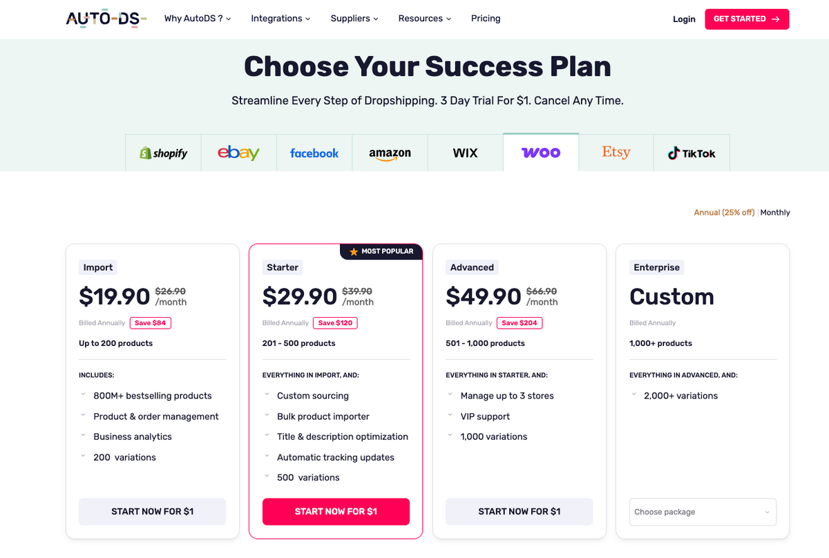 AutoDS's pricing for WooCommerce