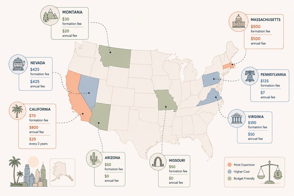 Map of costs of an LLC in some US states
