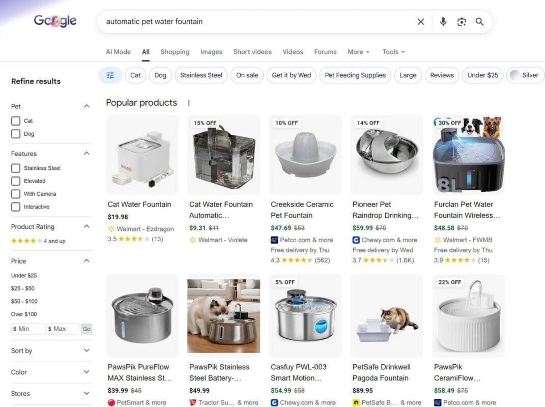 Google Search for Pet Fountain Dropshipping
