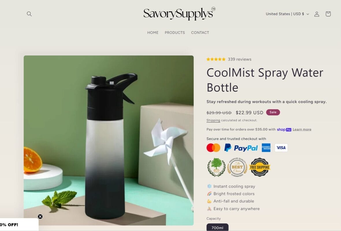 Seller's Website Review For Dropshipping Water Bottle
