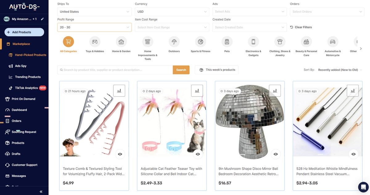 AutoDS Hand-Picked Products Hub for Amazon Sellers