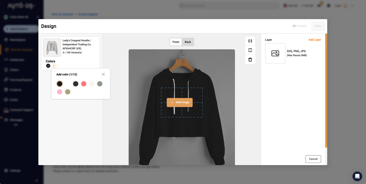 Create your POD design on AutoDS's Print-on-demand feature