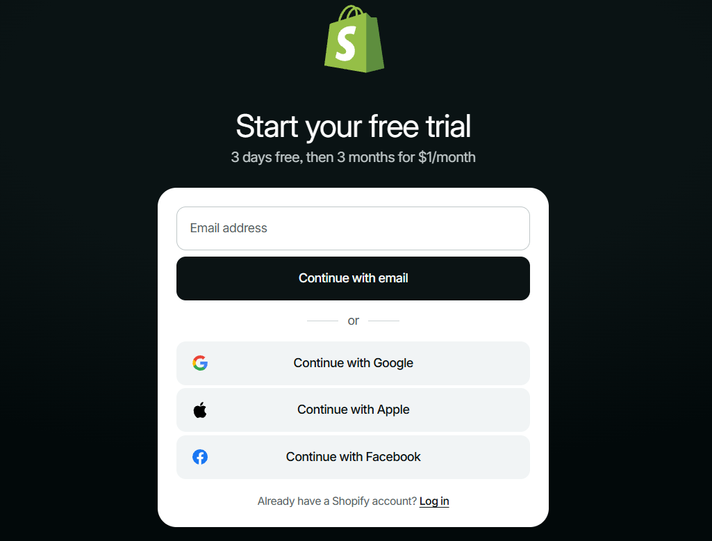 Shopify platform registration page