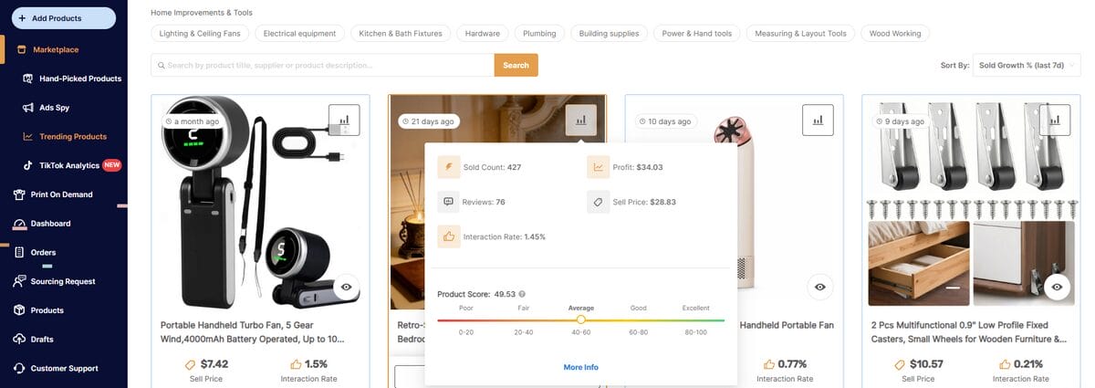 AutoDS trending products section for niche discovery