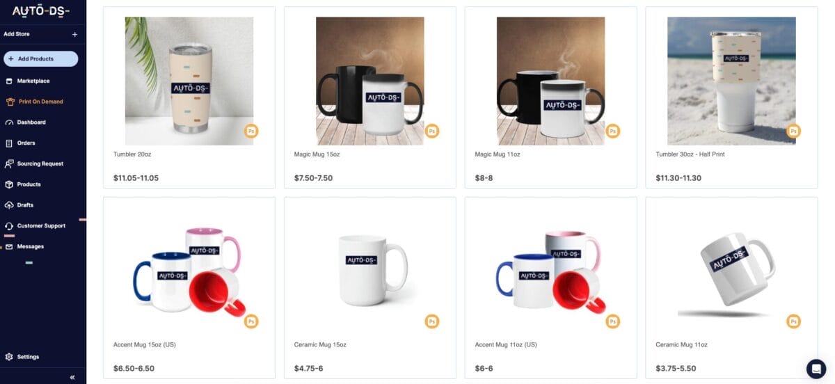 AutoDS's print-on-demand mugs for coffee dropshipping