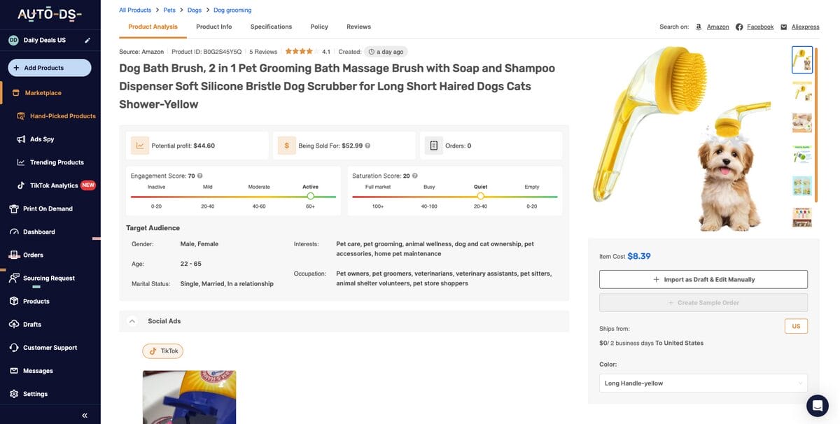 AutoDS's product research tools to validate a niche before launching