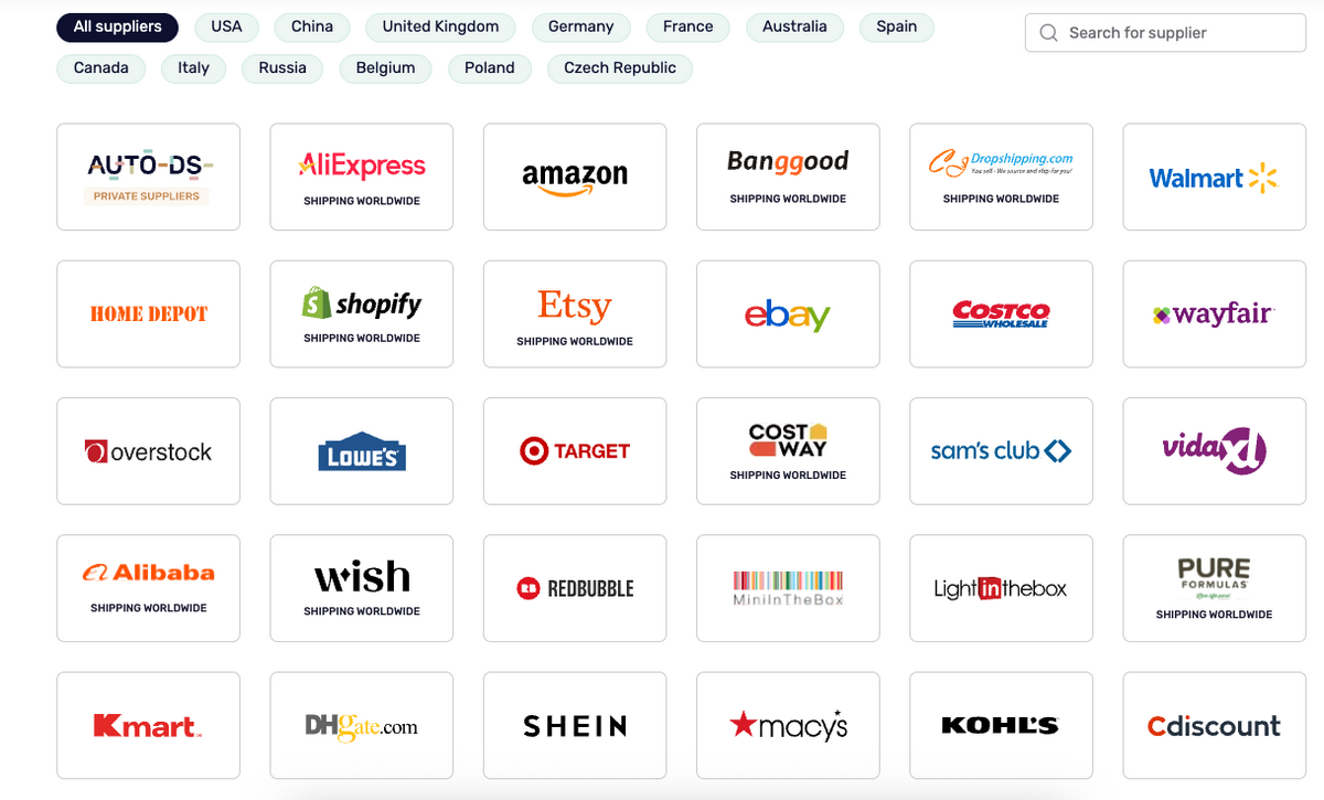 AutoDS's supported global and local suppliers