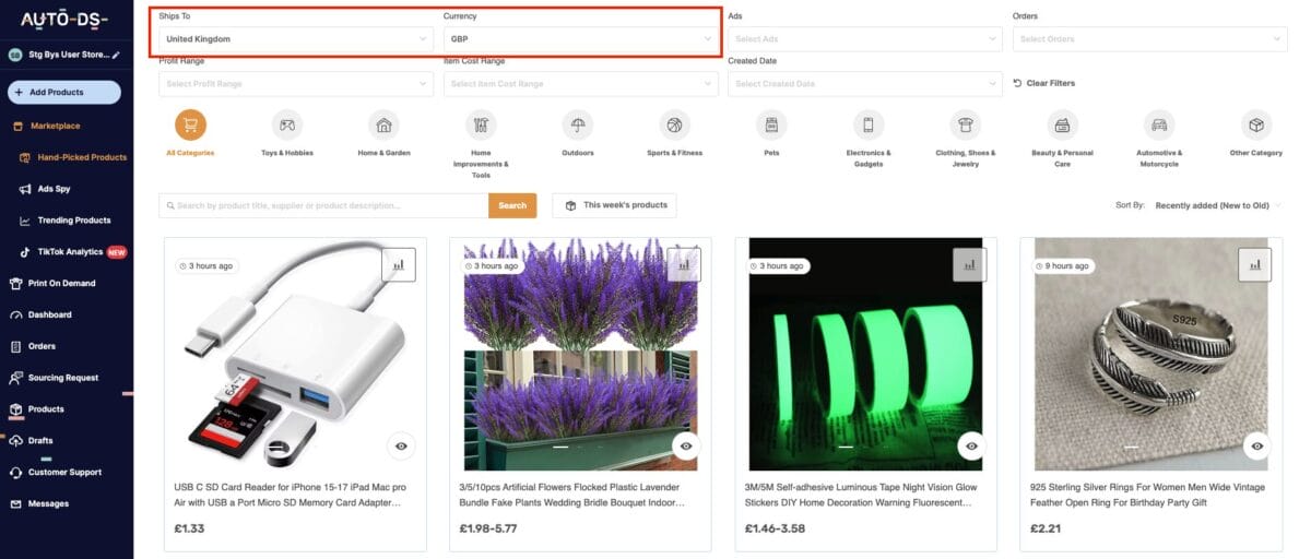 AutoDS's product research tools for home business in the UK