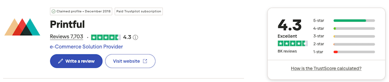 Printful's 4.3 Trustpilot score