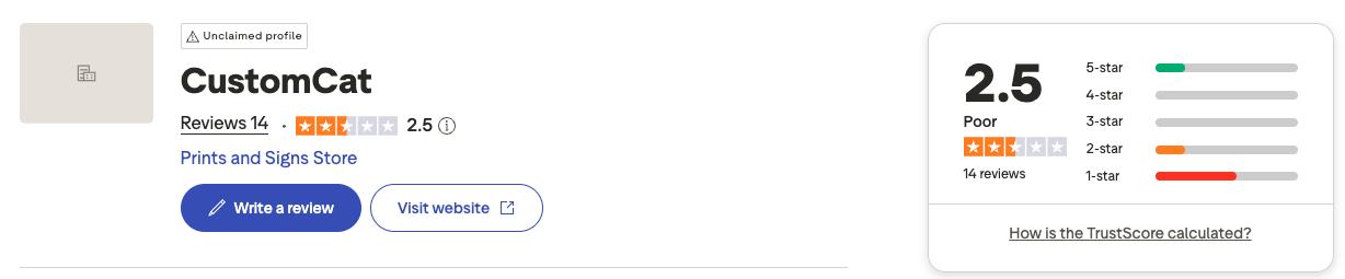 CustomCat's 2.5 Trustpilot score