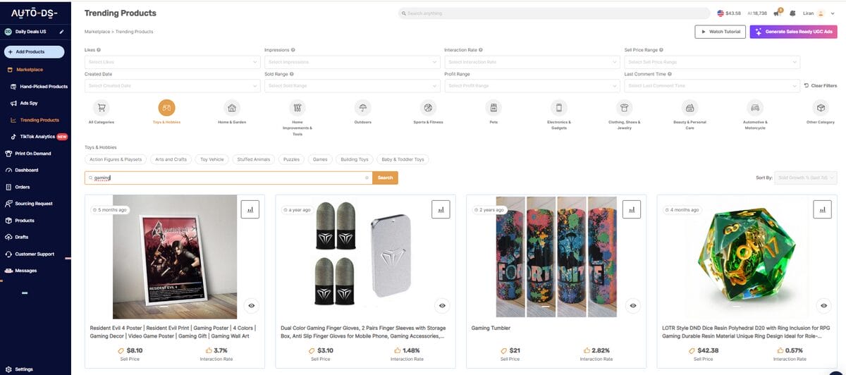 Hobbys niches for dropshipping in AutoDS