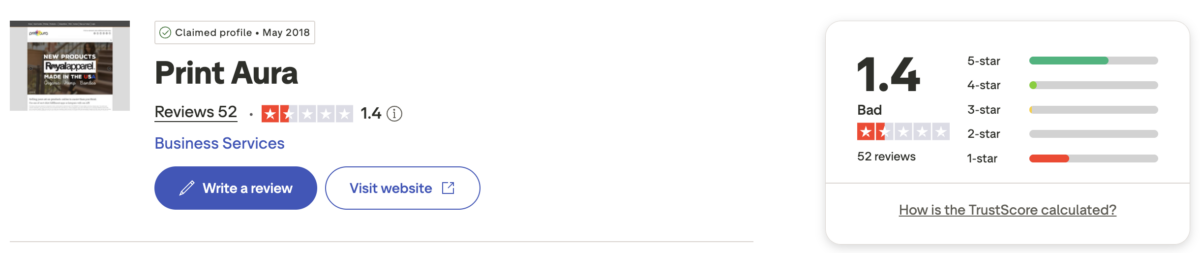 Print Aura's 1.4 Trustpilot score