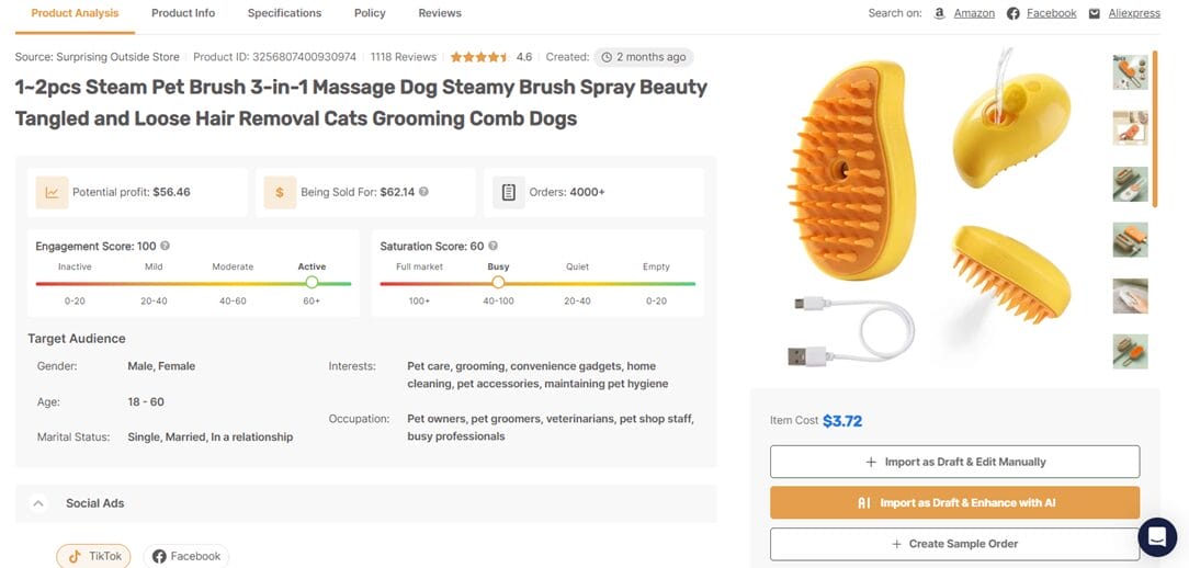 3 in 1 Pet Electric Steam Brush grooming tools pet dropshipping AutoDS