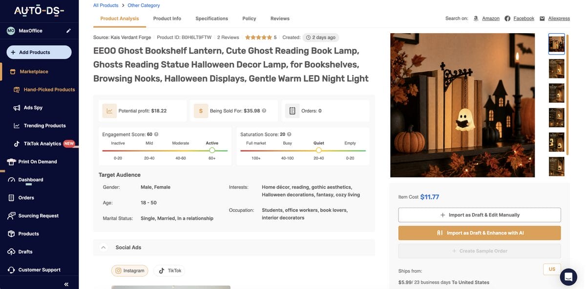 Ghost Bookshelf Lantern on AutoDS, one of the best dropshipping products for August 2026