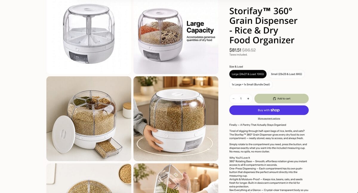 Grid Rice & Grain Storage Container on a seller's website, one of the best dropshipping products for August 2026
