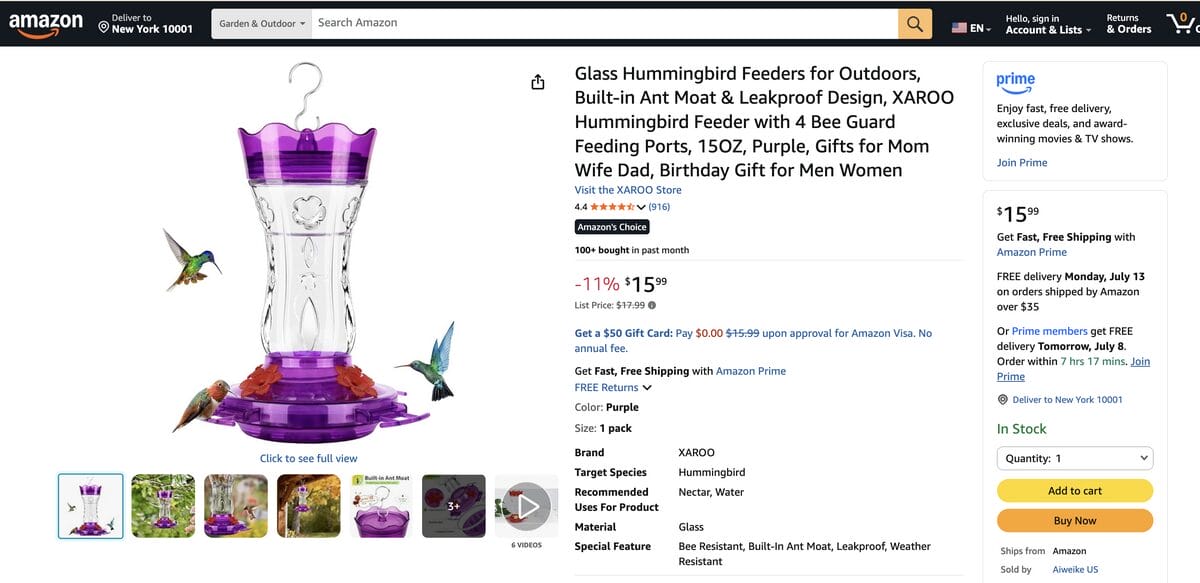 Glass Hummingbird Feeders on Amazon, one of the best dropshipping products for August 2026
