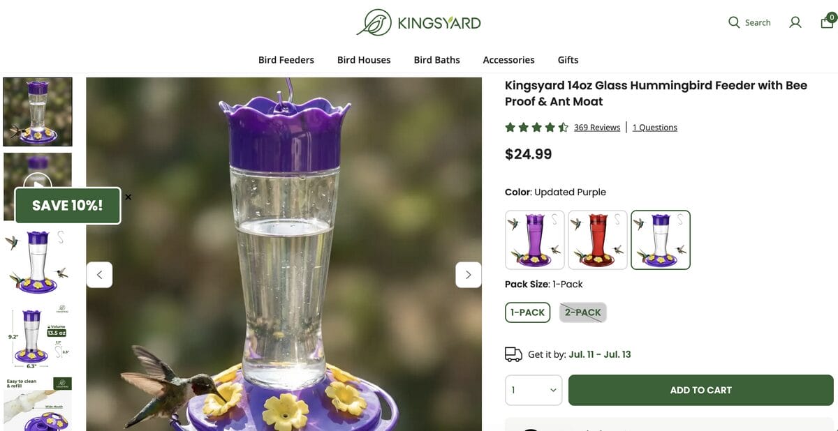 Glass Hummingbird Feeders for Outdoors on a seller's website, one of the best dropshipping products for August 2026