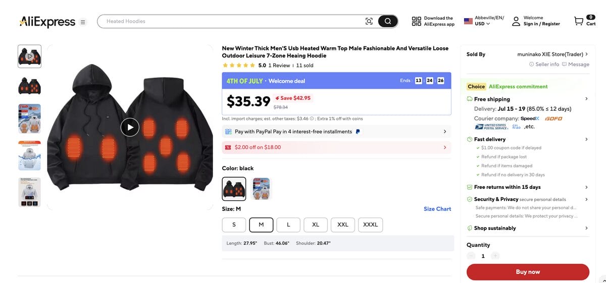 Electric Heating Sweatshirt on AliExpress, one of the best dropshipping products for August 2026