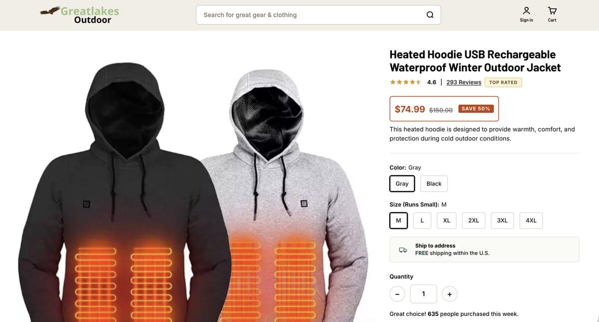 Electric Heating Sweatshirt on seller's website, one of the best dropshipping products for August 2026