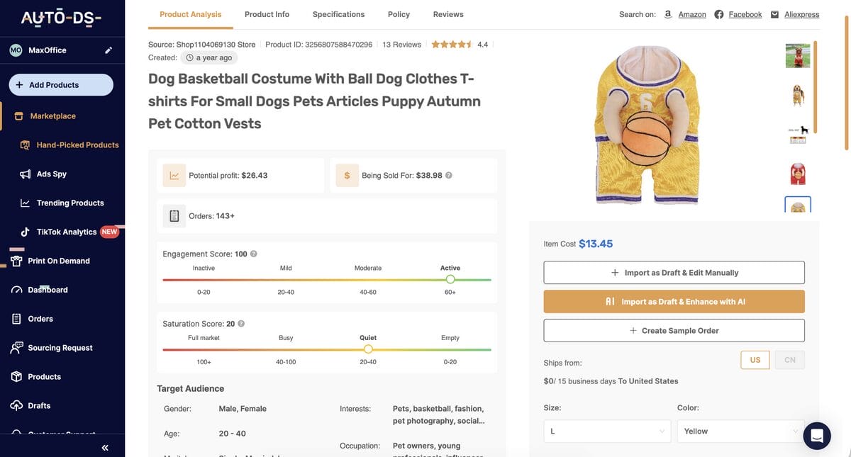 Basketball Dog Costume on AutoDS, one of the best dropshipping products for August 2026